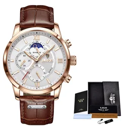 Men's Luxury Leather Quartz Sports Watch - Waterproof Wristwatch by LIGE (Rose gold white)