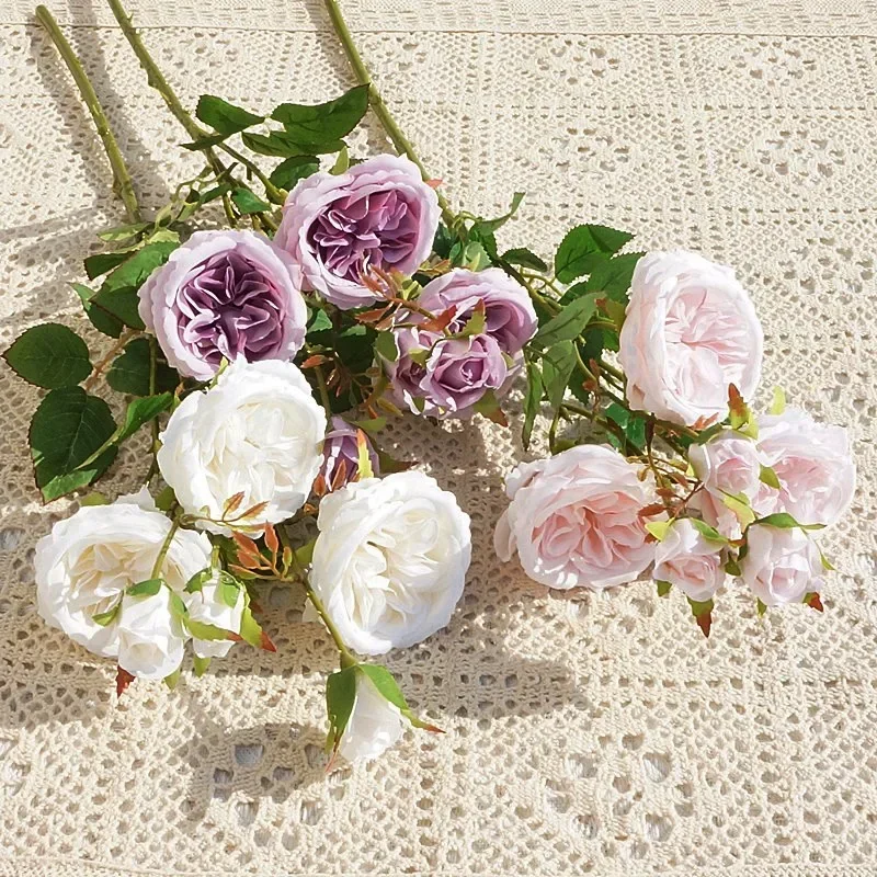 6Heads Austin Rose Branch Silk Flowers Artificial Valentine's Day Wedding Flowers Home Decor Flores Artificiales