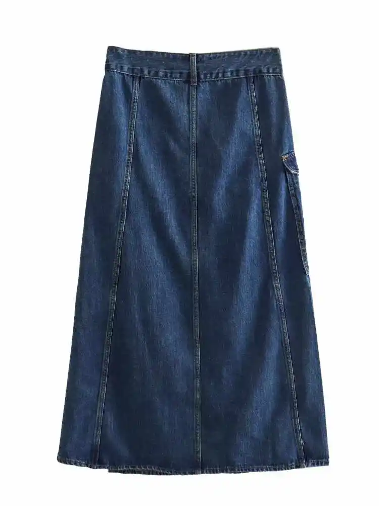 

PUWD Women Fashion Navy Denim Loose Tooling Skirts 2023 Summer Vintage High Waist Pocket Folds Female Bottoms Mujer