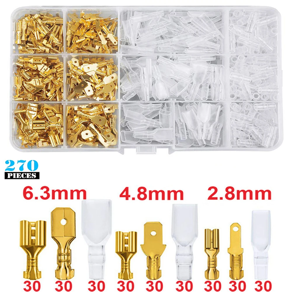 Wire Connectors 270Pcs 2.8/4.8/6.3mm Insulated Male Female Wire Connector Electrical Crimp Terminals Termin Spade Connectors Assorted Kit Box