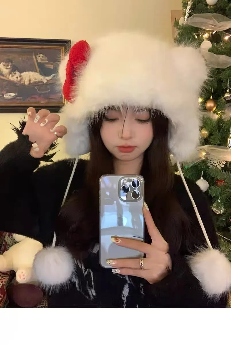 Korean Autumn Winter Cute White Cat Red Bow Plush Hat Girls Fashion Warm Hats Anti-freeze Ear Caps Outdoor for Women Gifts