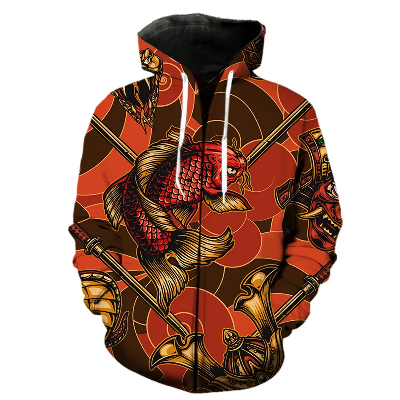 thumbnail image 1 of Sudadera con capucha y cremallera con diseño de dragón samurái y guerrero fantasma para hombre, estilo Harajuku, con estampado 3D de carpa, informal, de manga larga, para primavera, 1 of 5