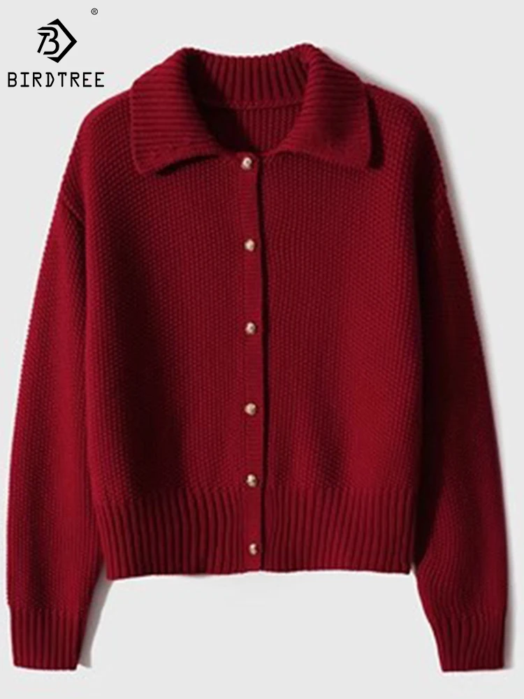 

Birdtree 90% Wool 10% Cashmere Cardigan Sweater Lapel Solid Long Sleeves Simple Warm Fashion Vintage Knitwear Woman T30492QD