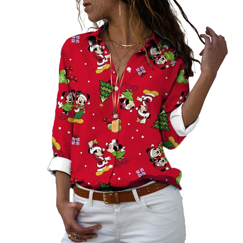 

New Christmas Disney Brand Donald Duck Stitch and Mickey Anime 3D Print Ladies Long Sleeve Shirt Harajuku Style Slim Top