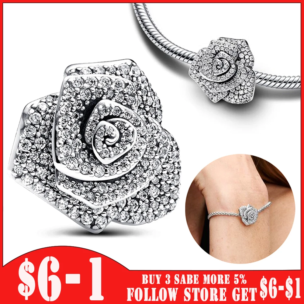 

925 Sterling Silver Beads Sparkling Rose in Bloom Charms Fit Pandora Charm Original Bracelet Beads for Jewelry Making DIY Gifts