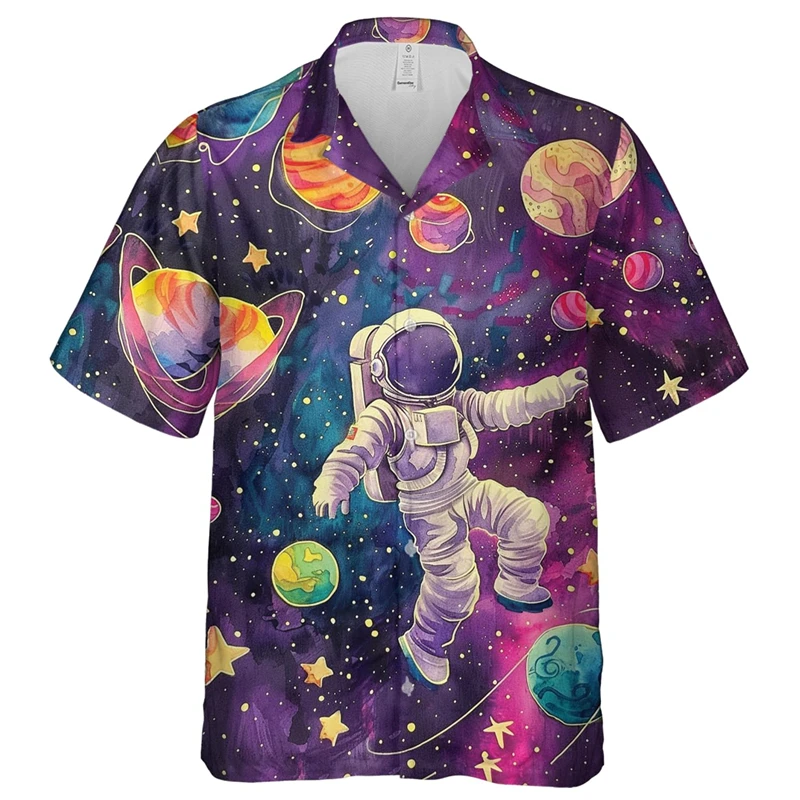Camisas hawaianas con estampado 3D de astronauta para hombre, camisas con solapa de astronauta, camisetas holgadas con botones para la calle, mangas cortas, estilo hawaiano
