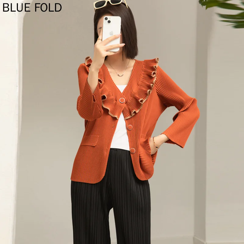 

Женское Плиссированное пальто, однобортный короткий топ с V-образным вырезом и серьгами, модный и элегантный дизайн, новый стиль для осени и зимы