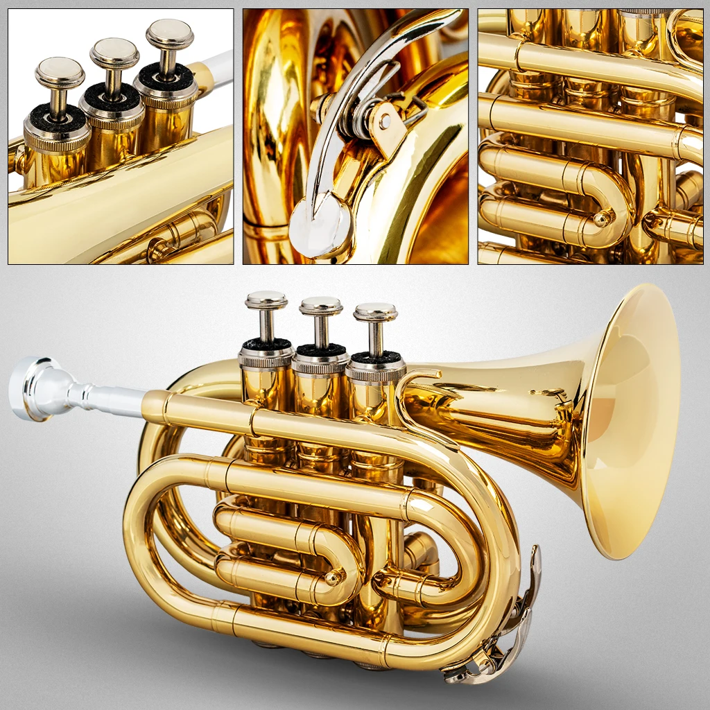 Professional Pocket Trumpet Tone Flat B Bb Brass Music Instruments Mouthpiece Gloves Cloth Brush Grease Case Woodwind Instrument