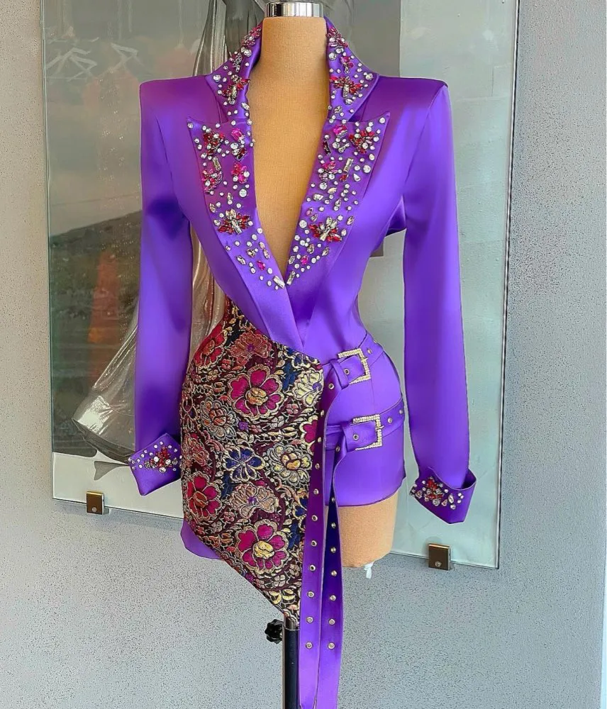 Purple Cocktail Dresses Sheath V-neck Long Sleeves Short Mini Embroidery Beaded Homecoming Dresses Haute Couture Customized
