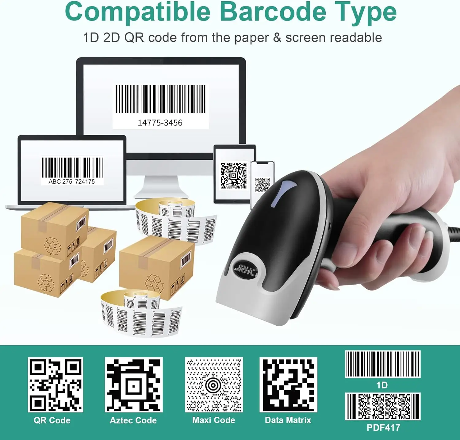 Barcode Scanner Handheld 2D Barcode Scanner USB QR Code Scanner Wired Automatic 1D 2D&PDF417 Data Matrix Bar Code Reader Plug and Play