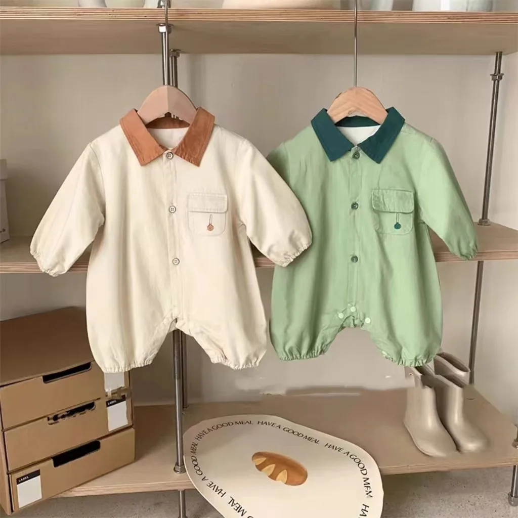 

Baby Lapel Rompers Overalls Shirt Collar Climbing Boys Girls Bodysuits 2023 New Infant Autumn Onesie Autumn Korean 0-24M