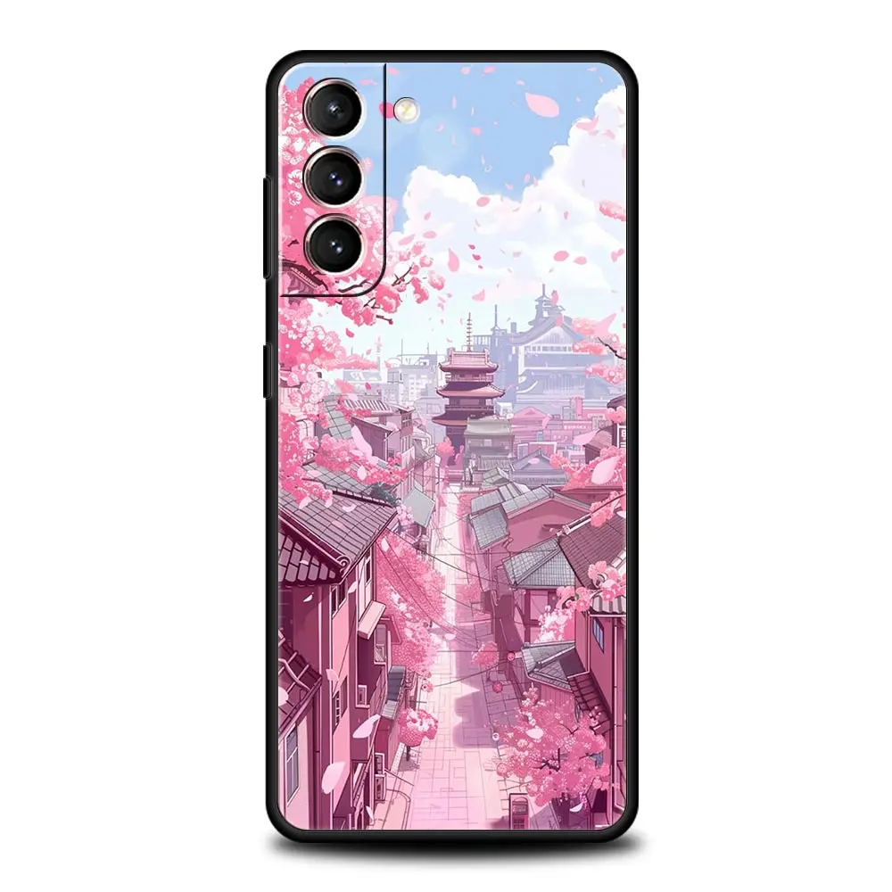Pink Spring Cherry Blossoms Black Soft Phone Case Cover