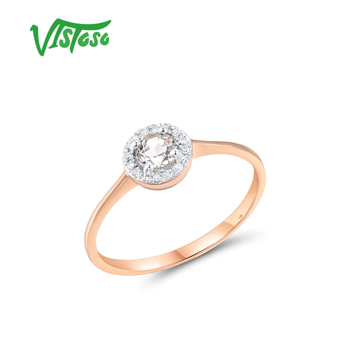 

VISTOSO Pure Solitaire 14K 585 Rose Gold Ring For Women Genuine White Topaz And Diamond Wedding Engagement Fine Delicate Jewelry