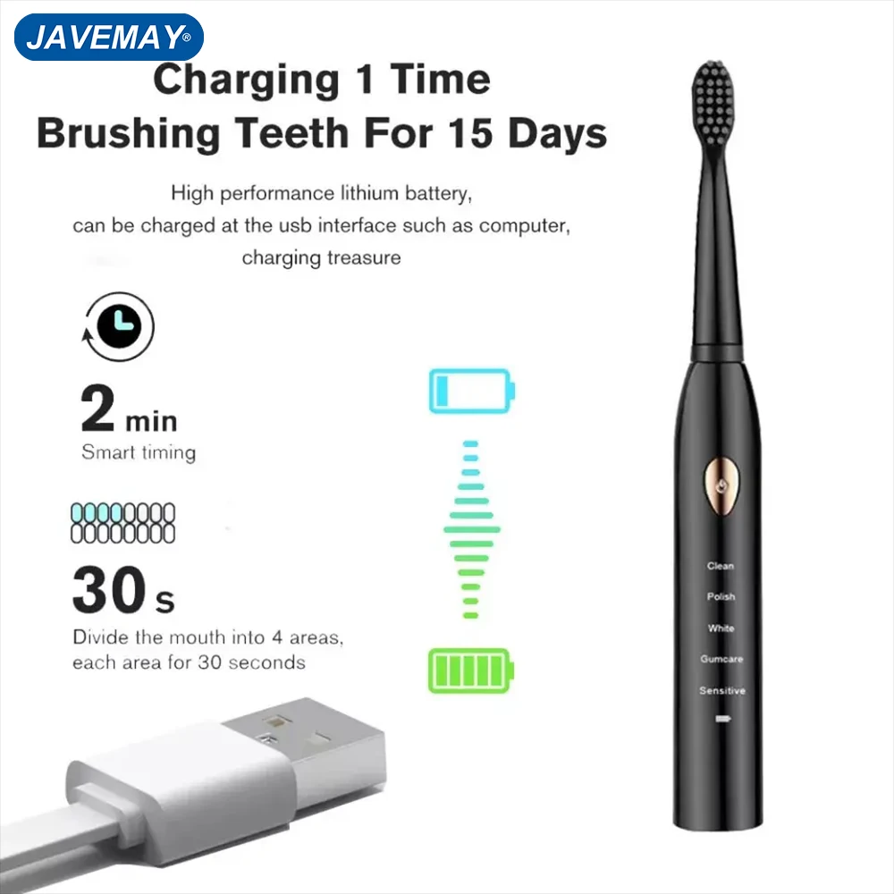 Ultrasonic Automatic Toothbrush Easy Cleaning IPX7 Waterproof Smart Mouth Cleaning Timer Couple Household Whitening JAVEMAY J209