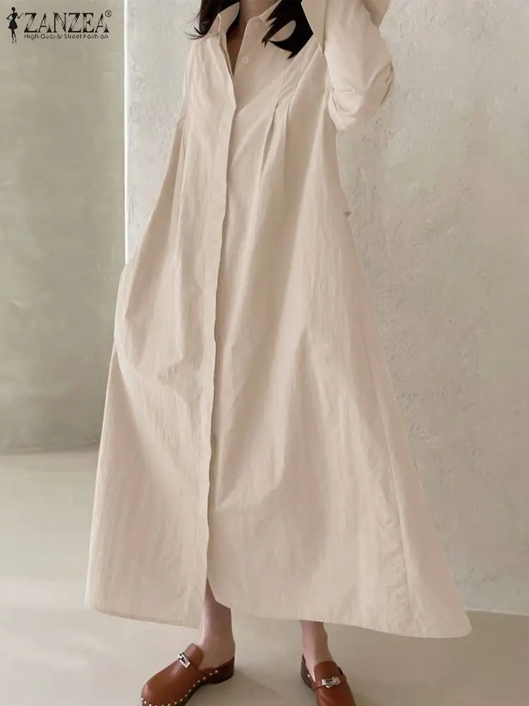

Модный корейский Свободный сарафан с отложным воротником и длинным рукавом ZANZEA, весеннее повседневное однотонное платье на пуговицах, женское длинное платье-рубашка оверсайз