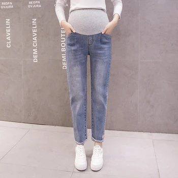 1076# 2025 Summer Autumn Fashion Denim Maternity Jeans 9/10 Loose Straight Belly Pants Clothes For Pregnant Women Pregnancy