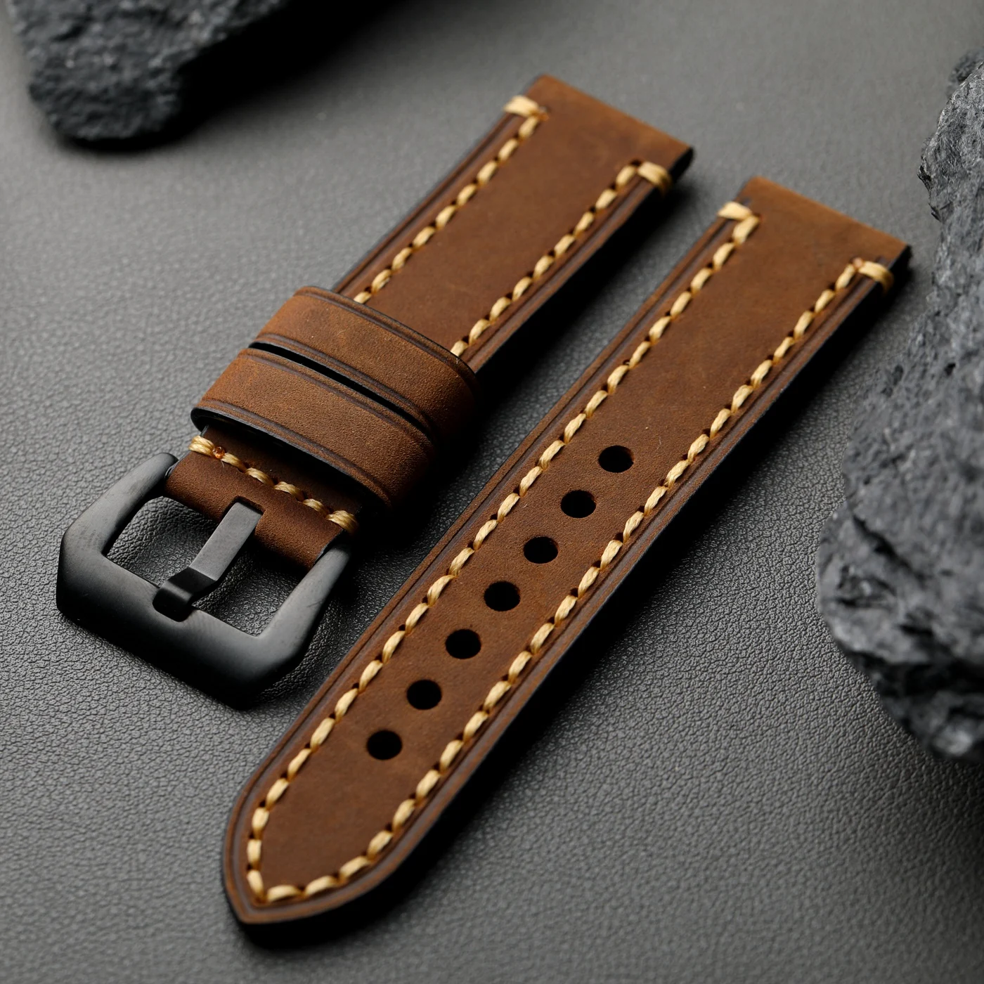 Handmade Vintage Mad Horse Leather Strap - Genuine Cowhide in Brown, Black, or Grey