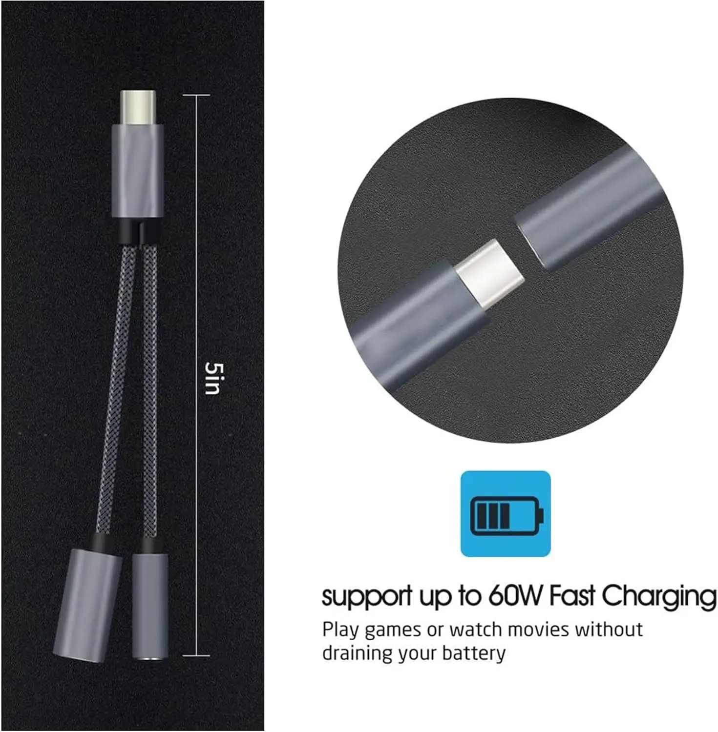 2-in-1 USB-C to 3.5mm & 60W PD Charger Adapter, HiFi Audio with DAC Chip, Fast Charging for Samsung/Google/iPad Pro/MacBook