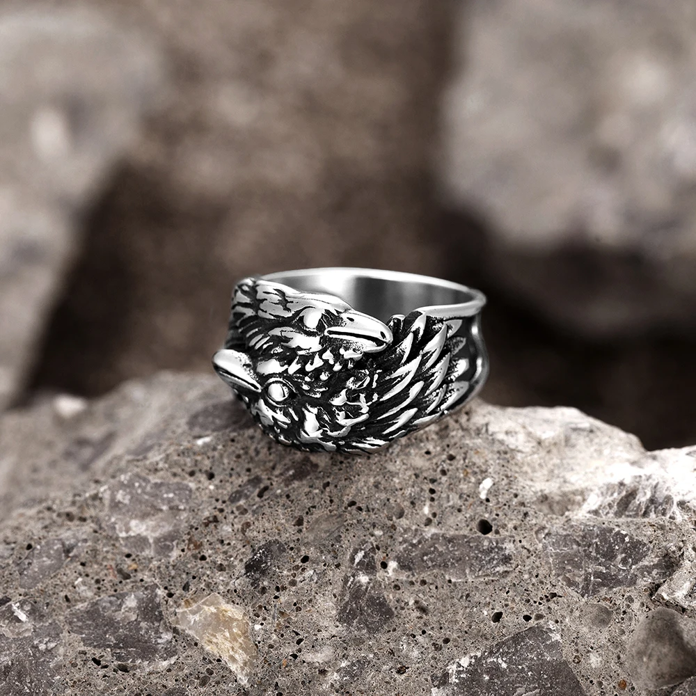 Nordic Mythology Odin Raven Stainless Steel Rings Vintage Men