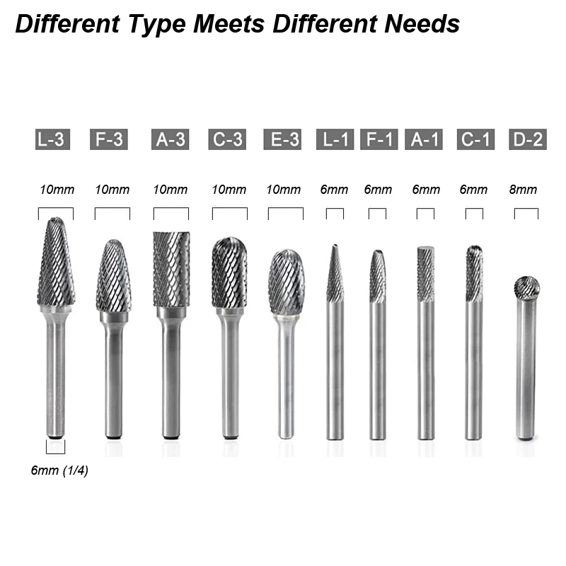 Tungsten Carbide Burrs Set 6mm Shank Double Cut Solid Power Tools Rotary Files Bits for Die Grinder Metal Wood Cutter Milling rotary file burr