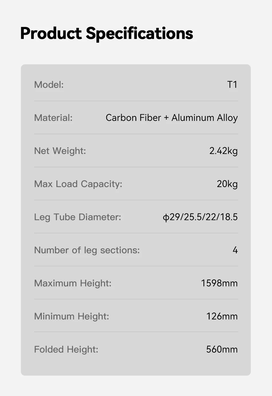 - T1/T1S/T1S V5 Snap-Open Carbon Fiber Video and Photo Tripod 4 Section Legs Adj