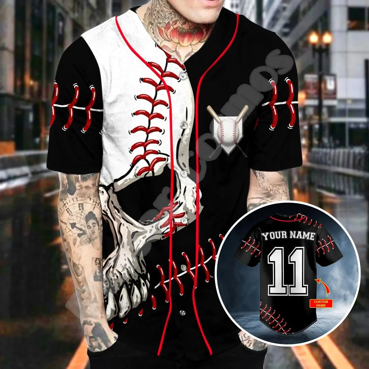 NewFashion Custom Name Skull Grim Reaper Ghost Tattoo Retro 3DPrint Harajuku Summer Funny Baseball Shirts Jersey Short Sleeves X