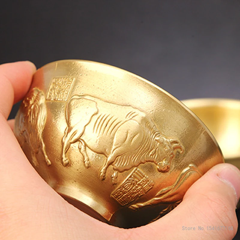 Pure Copper Holy Water Cups, Relief Dragon, Five Cattle Pattern, Buddhist, Kung Fu Tea Set Supplies, Brass, Decorative Bowl, 1Pc