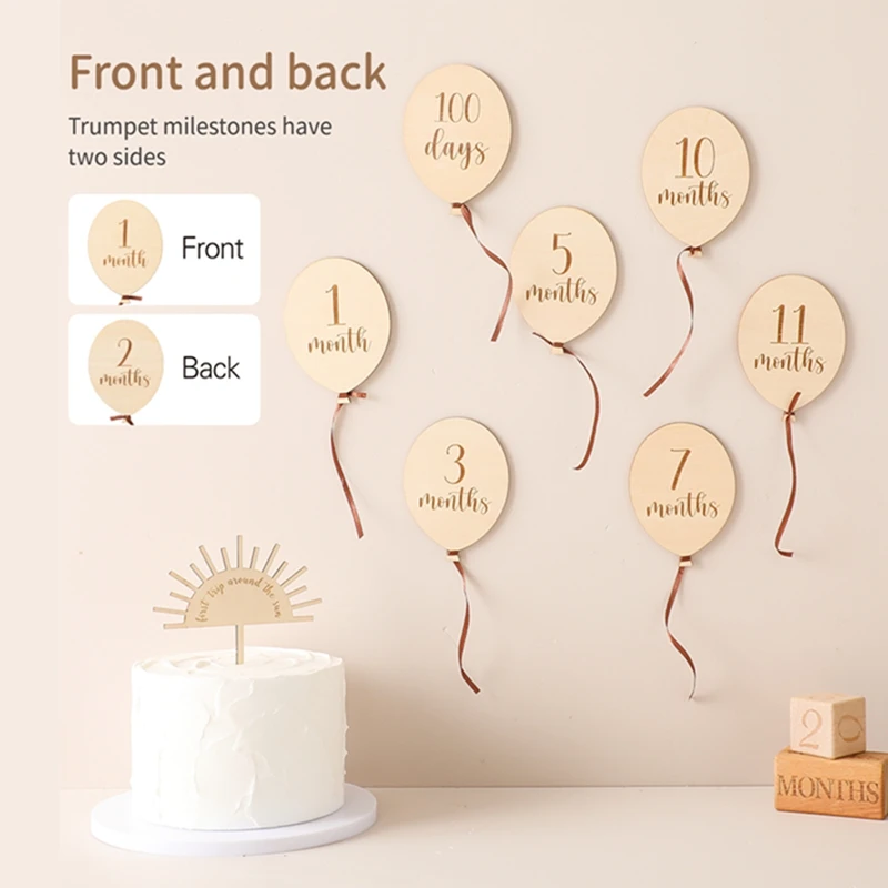 9PCS Baby Wooden Balloon Milestone 1 12 Month Card Newborn Children Photography Props Birthday Party Decoration