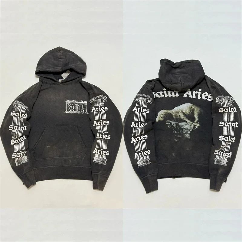 

New Saint Michael Washed Aries Fashion Hoodie Men Heavy Fabric Women Vintage Pullovers Mens Clothing