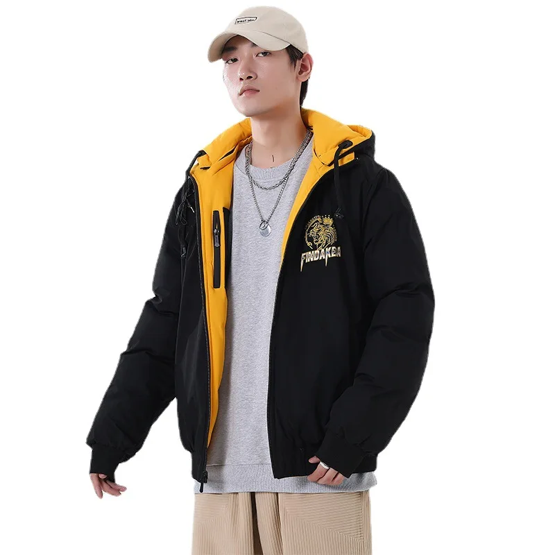 Mens Fashion Letter Print Double Sided Wearable Jacket 2022 Winter Thickened Warm Removable Hooded Padded Jackets Korean Clothes