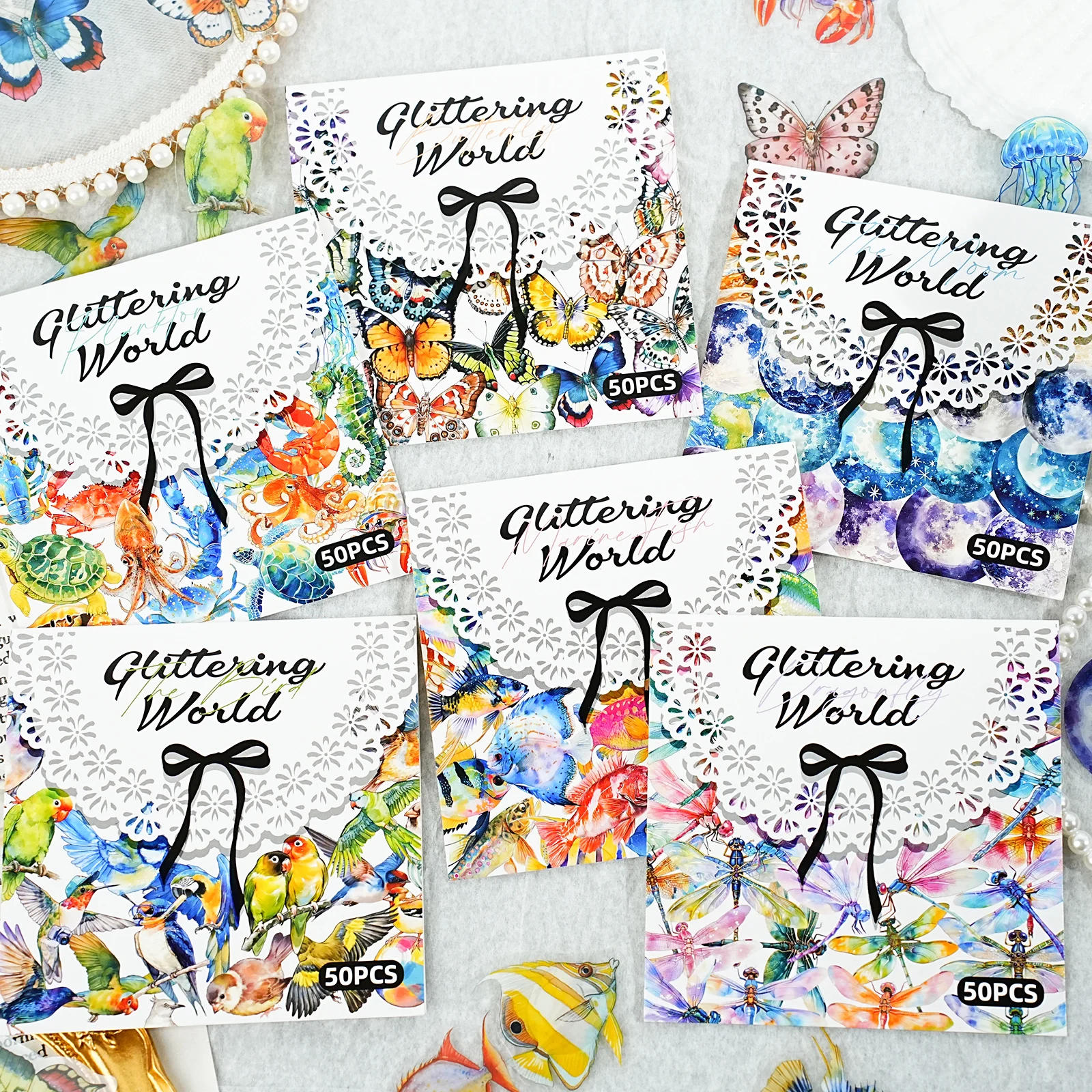 50 시트 수중 동물 테마 애완 동물 스티커 DIY 핸드북 스크랩북 저널 유리 병 사진 프레임 장식 스티커