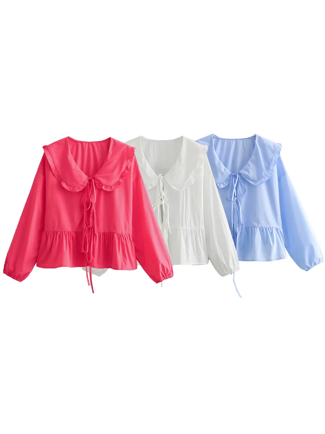 2024 New Women Elegant Ruffles Shirt 2024 Summer Blouse with Peter Pan Collor Lantern Sleeves Bow Buttons Sweet Soft Top