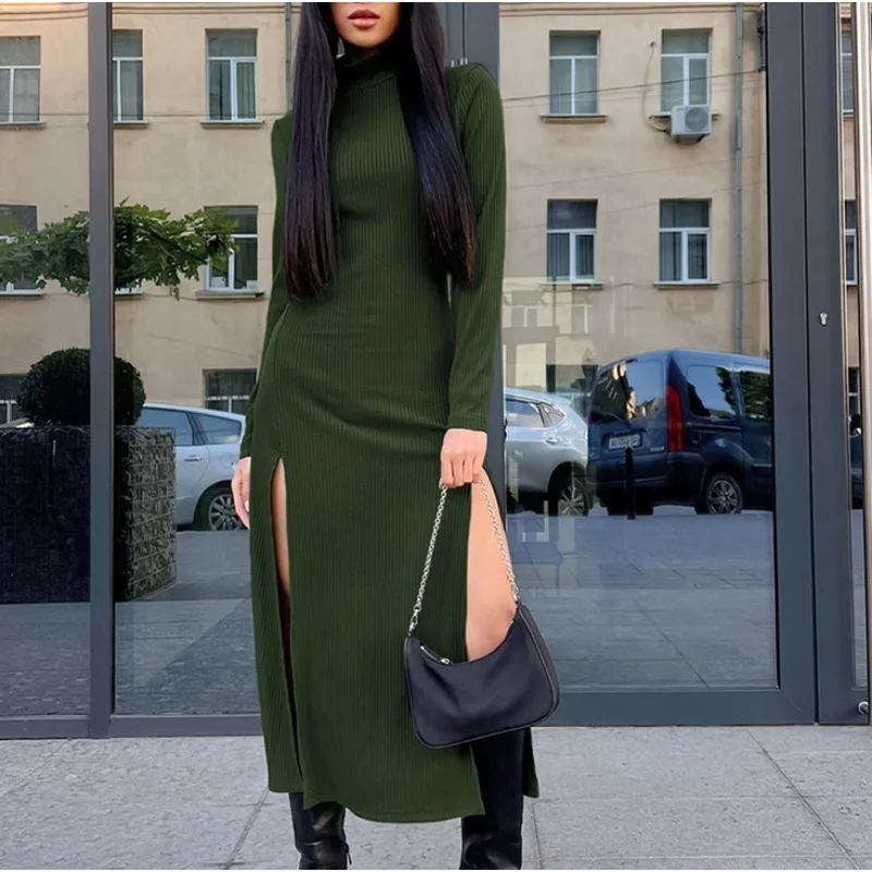 

Women's Fashion High Neck Elastic Knitted Dress Autumn & Winter New Temperament Women Sexy Long Sleeved Slit Pullover Dresses