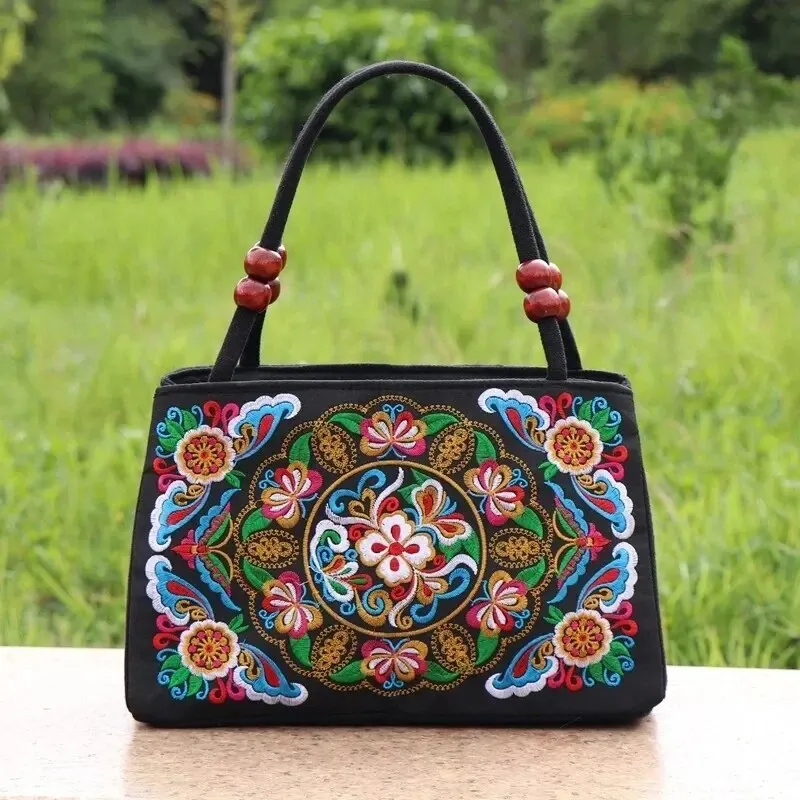 Yogodlns New Ethnic Style Embroidery Bag Double Zipper Double Sided Women Shoulder Crossbody Bag