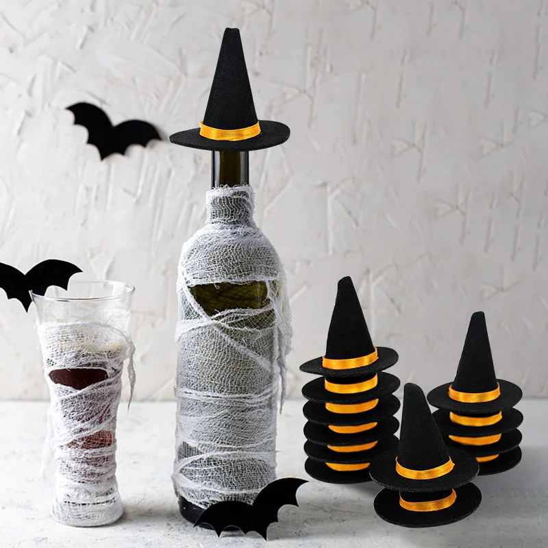 6pcs Halloween Mini Felt Witch Hats Wine Bottle Decor DIY Craft for Halloween Party Home Bar Decoration Supplies Black Cap Props