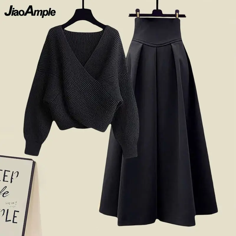 Women's Autumn Winter New Fashion Cross Knit Sweater Midi Skirt Two Piece Suit Korean Elegant Loose Pullover Dress Matching Set 2
