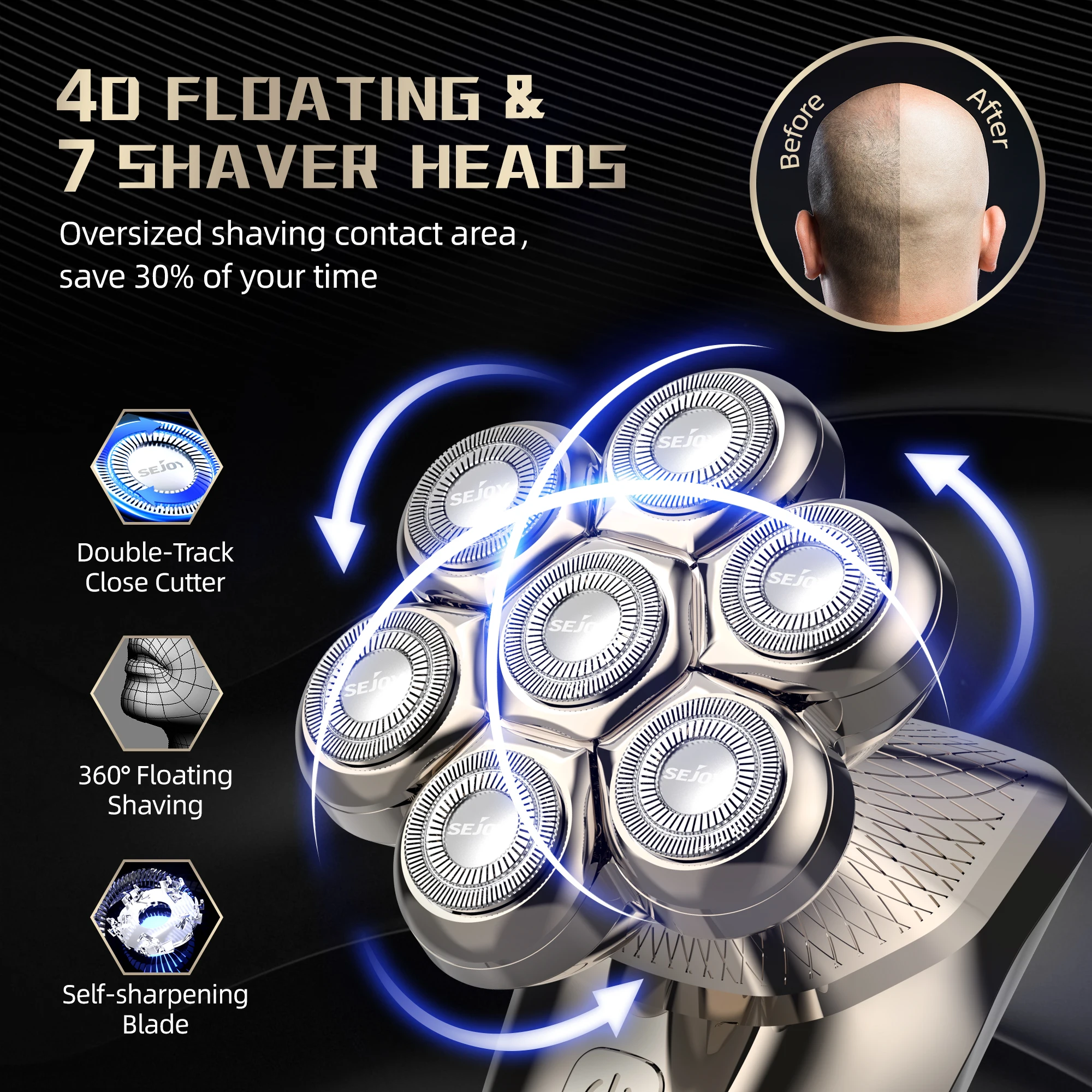 Sejoy 5 IN 1 LED Display Electric Head Shavers with Nose & Ear Trimmer for Bald Men 7 Floating Heads Bald Head Shavers for Men 3