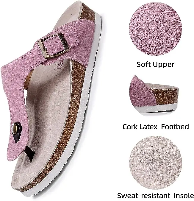 Fashion Women Men Leather Flip Flops With Arch Support Cork Footbed Slide Sandals For Ladies Girls Comfortable Beach Slippers
