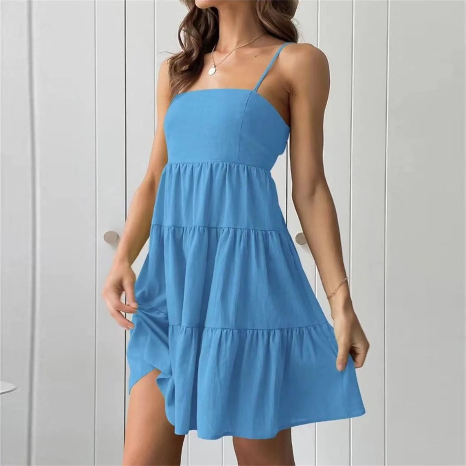 

Women's Dress Autumn Casual Solid Color Spaghetti Strap Backless Cami Sundress Classic Basic Beach Party Dress платье вечернее