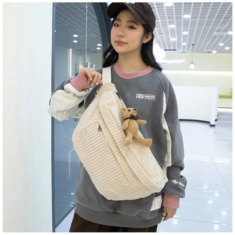 Crossbody Bag Fashion Corduroy Unisex Retro Simple Large Capacity Solid Color Zipper Chest Bag Personality Trend Design Handbags