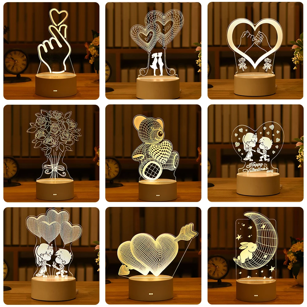 Romantic Love 3D Acrylic Led Lamp for Home Children's Night Light Table Birthday Party Decor Valentine's Day Bedside Lamp. | Дом и сад