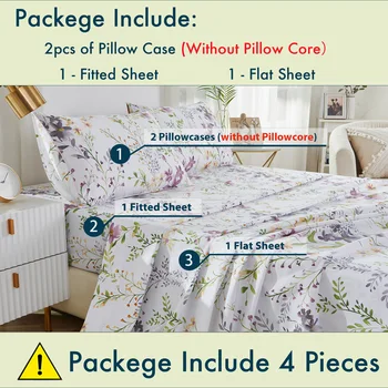 4pcs 600 TC 100% Egyptian Cotton Fitted Sheet Set (Without Core), Fresh Pinky Spring Botanical Pattern, Soft And Skin-friendly 6