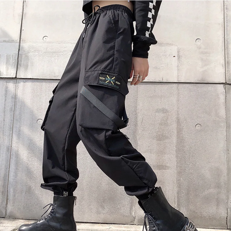 capri sweatpants Casual Big Pockets High Elastic Waist Punk Loose Streetwear Baggy Tactical Trousers Hip Hop Joggers Cargo Mujer Pants Women black cargo pants