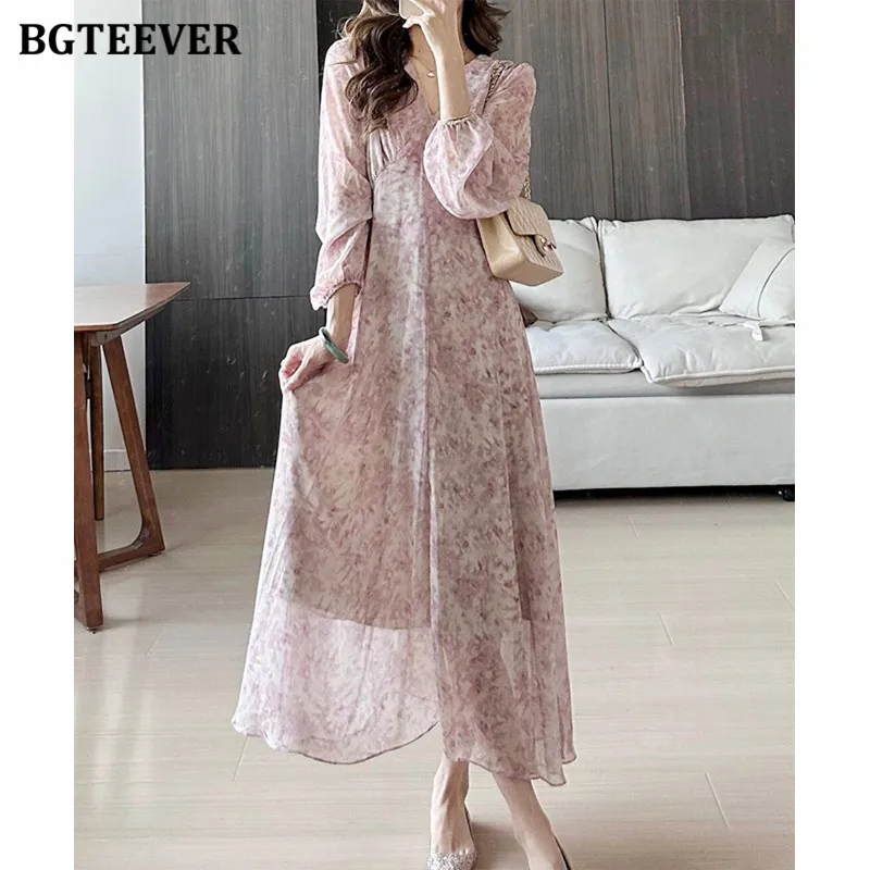 

BGTEEVER Elegant V-neck Ladies Floral Dress Elegant Long Sleeve Slim Waist Female A-line Dress Spring Summer Vestidos