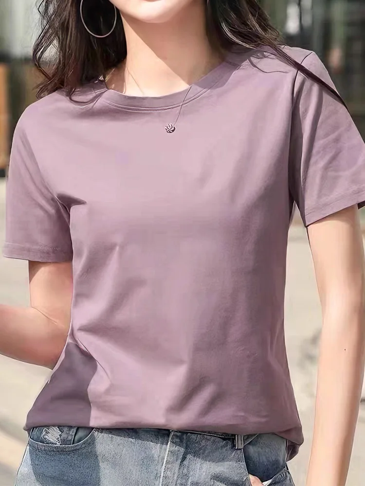 Basic solid color short sleeved T-shirt, round neck women's top slim fit versatile summer bottom and top футболка