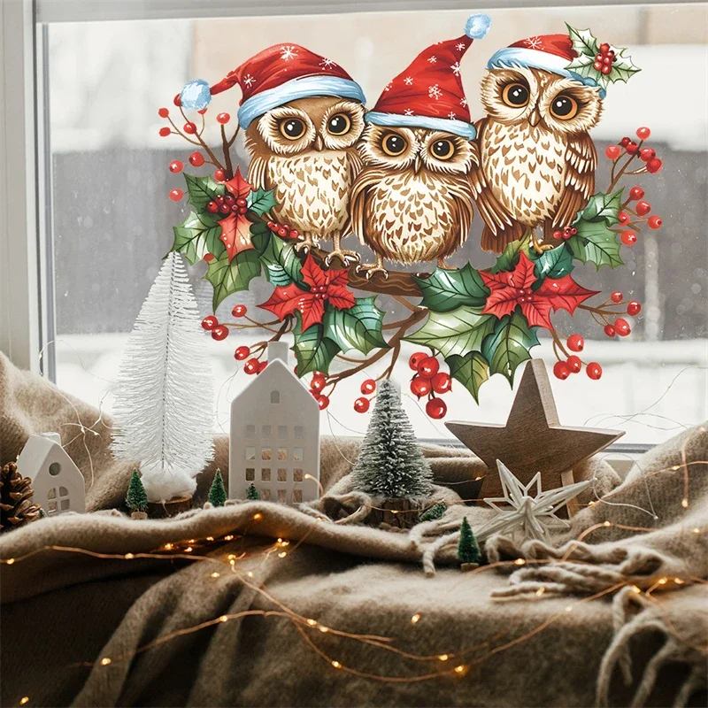 Christmas Owl Window Stickers Branch Owl New Year Static Decal Cute Glass Clings for Winter Party Christmas Decorations