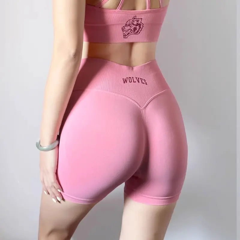 Wolf Head Peach Butt Fitness Shorts Women's Sports Three-quarter Pants Yoga Pants High Bounce Hip Lift Summer
