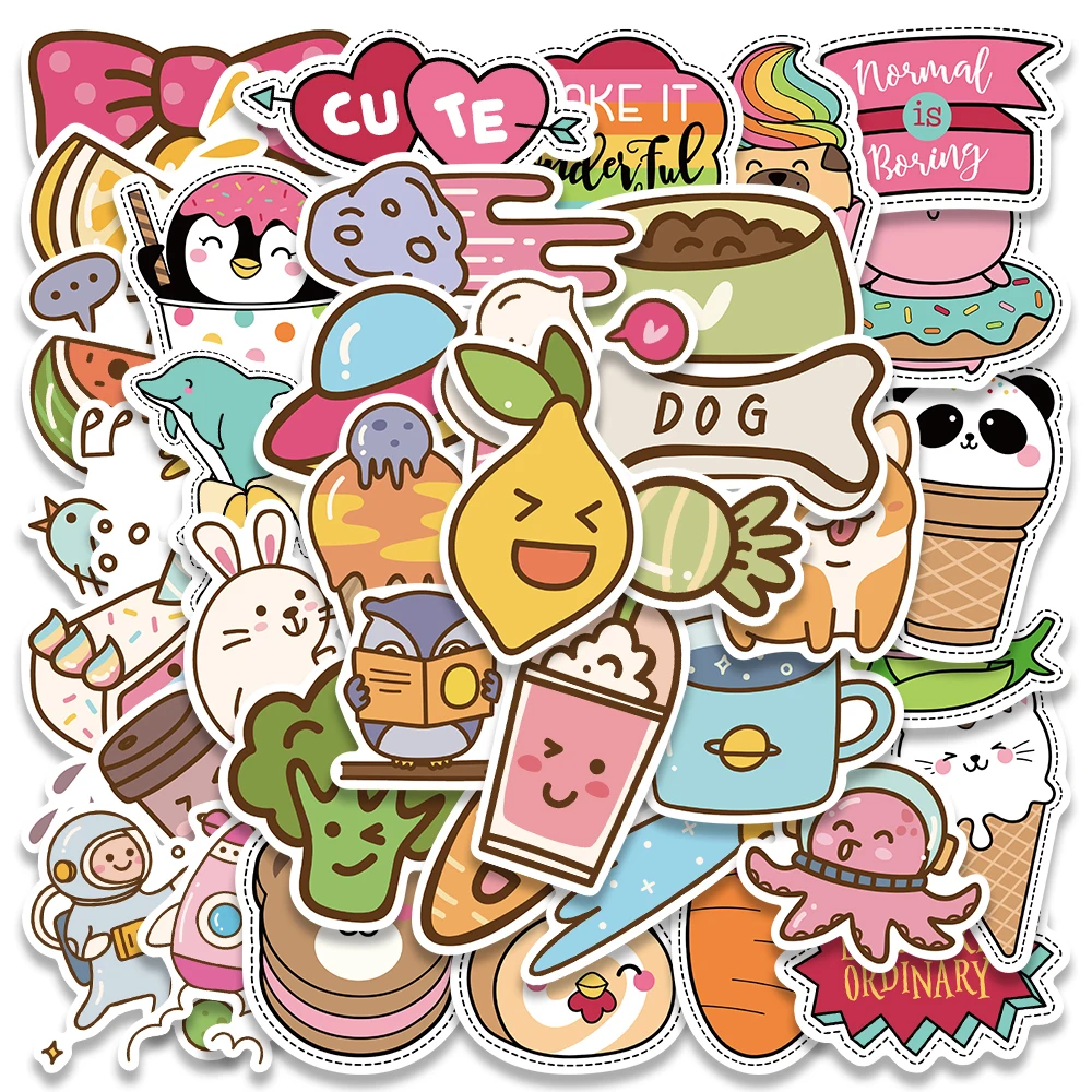 40pcs Cute Cartoon Animals Foods Stickers Kids Toy Vinyl Waterproof Graffiti Luggage Phone Guitar Fridge Laptop Decals