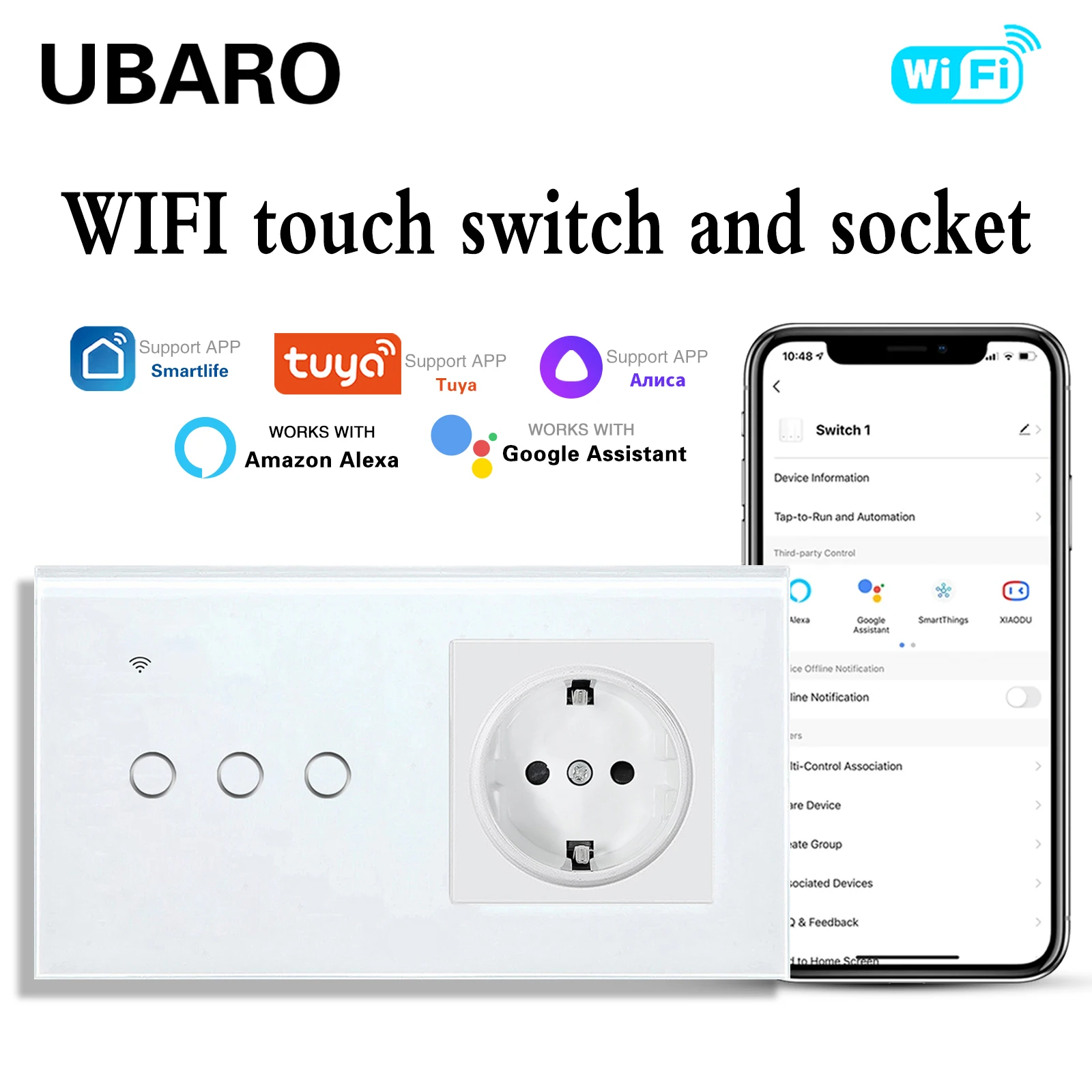 Ubaro-tuya Smart Home Wifi Wall Light Switches Soquete Combine com Usb tipo c Plug Trabalhar com Alexa Voice Control Padrão da ue