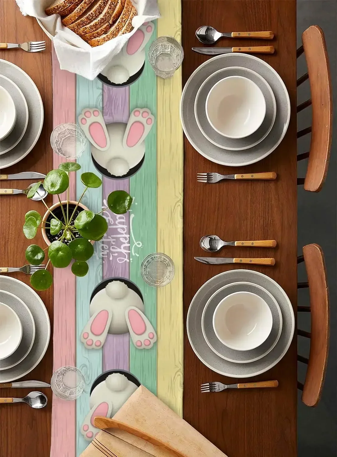 Easter Bunny Eggs Wood Grain Linen Table Runners Dresser Scarves Table Decor Farmhouse Dining Table Runners Party Decorations 2